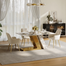 160 cm Rectangle Modern Sintered Stone Top Dining Table for 6 Stainless Steel Base in Gold - thumbnail 4