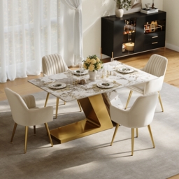 160 cm Rectangle Modern Sintered Stone Top Dining Table for 6 Stainless Steel Base in Gold - thumbnail 2