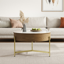 Round Lift-Top White & Walnut Coffee Table with Storage White & Walnut - thumbnail 4