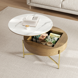 Round Lift-Top White & Walnut Coffee Table with Storage White & Walnut - thumbnail 3