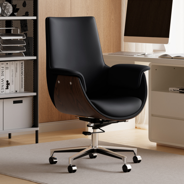 Black Leather Modern Home Office Chair Upholstered High Back Desk Chair Wood Grain Frame - image 1
