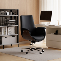 Black Leather Modern Home Office Chair Upholstered High Back Desk Chair Wood Grain Frame - thumbnail 7