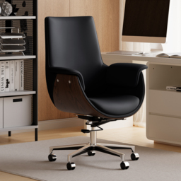 Black Leather Modern Home Office Chair Upholstered High Back Desk Chair Wood Grain Frame - thumbnail 1