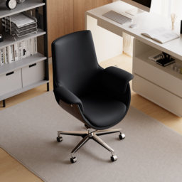 Black Leather Modern Home Office Chair Upholstered High Back Desk Chair Wood Grain Frame - thumbnail 3