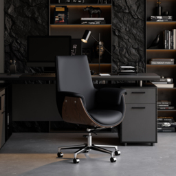 Black Leather Modern Home Office Chair Upholstered High Back Desk Chair Wood Grain Frame - thumbnail 4