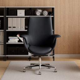Black Leather Modern Home Office Chair Upholstered High Back Desk Chair Wood Grain Frame - thumbnail 2