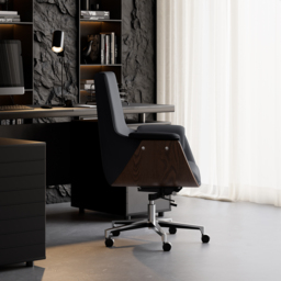Black Leather Modern Home Office Chair Upholstered High Back Desk Chair Wood Grain Frame - thumbnail 6