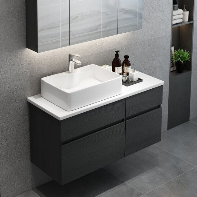 80 cm Black & White Floating Bathroom Vanity Faux Marble Top Ceramic Countertop Basin - image 1