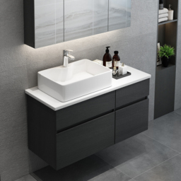 80 cm Black & White Floating Bathroom Vanity Faux Marble Top Ceramic Countertop Basin - thumbnail 1