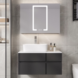 80 cm Black & White Floating Bathroom Vanity Faux Marble Top Ceramic Countertop Basin - thumbnail 3