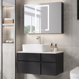 80 cm Black & White Floating Bathroom Vanity Faux Marble Top Ceramic Countertop Basin - thumbnail 2