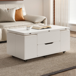 Modern White Lift Top Coffee Table 10 cm 1 with Storage Ottoman Foldable and Casters Transforming Into Dining Table - thumbnail 3