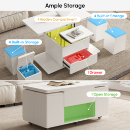 Modern White Lift Top Coffee Table 10 cm 1 with Storage Ottoman Foldable and Casters Transforming Into Dining Table - thumbnail 7
