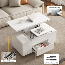 Modern White Lift Top Coffee Table 10 cm 1 with Storage Ottoman Foldable and Casters Transforming Into Dining Table - thumbnail 9