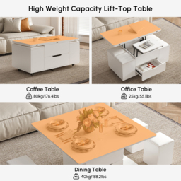 Modern White Lift Top Coffee Table 10 cm 1 with Storage Ottoman Foldable and Casters Transforming Into Dining Table - thumbnail 8