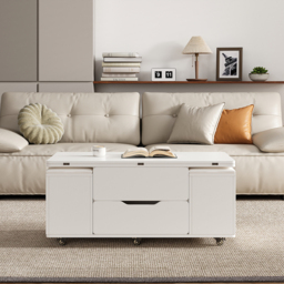 Modern White Lift Top Coffee Table 10 cm 1 with Storage Ottoman Foldable and Casters Transforming Into Dining Table - thumbnail 2