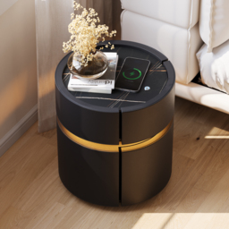 Round Saddle Leather Nightstand with Wireless Charging Bedside Table in Black Set of 2 - thumbnail 2
