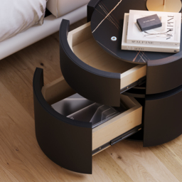 Round Saddle Leather Nightstand with Wireless Charging Bedside Table in Black Set of 2 - thumbnail 5