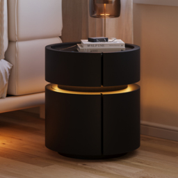Round Saddle Leather Nightstand with Wireless Charging Bedside Table in Black Set of 2 - thumbnail 3
