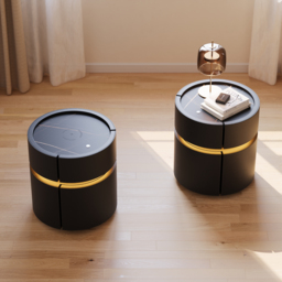 Round Saddle Leather Nightstand with Wireless Charging Bedside Table in Black Set of 2