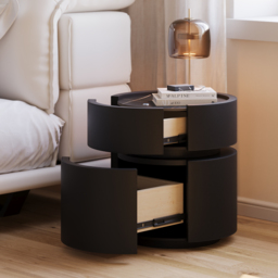 Round Saddle Leather Nightstand with Wireless Charging Bedside Table in Black Set of 2 - thumbnail 8