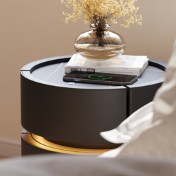 Round Saddle Leather Nightstand with Wireless Charging Bedside Table in Black Set of 2 - thumbnail 9