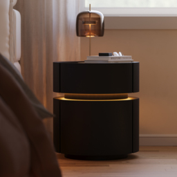 Round Saddle Leather Nightstand with Wireless Charging Bedside Table in Black Set of 2 - thumbnail 4