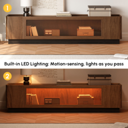 2000mm Glass Door TV Stand Mid Century Modern Wood Media Console with Storage & LED in Walnut - thumbnail 3