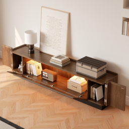 2000mm Glass Door TV Stand Mid Century Modern Wood Media Console with Storage & LED in Walnut - thumbnail 4