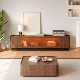 2000mm Glass Door TV Stand Mid Century Modern Wood Media Console with Storage & LED in Walnut - thumbnail 5