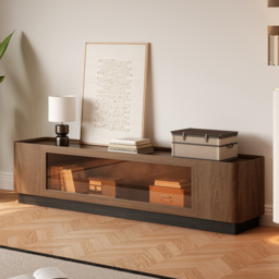2000mm Glass Door TV Stand Mid Century Modern Wood Media Console with Storage & LED in Walnut - thumbnail 2