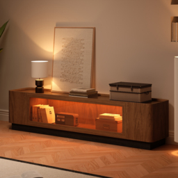 2000mm Glass Door TV Stand Mid Century Modern Wood Media Console with Storage & LED in Walnut - thumbnail 1
