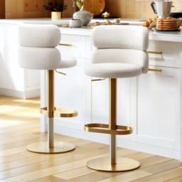 Bar Stool Velvet Upholstery Swivel Beige with Backrest Adjustable Height in Gold Finish Counter Stool Set of 6 - thumbnail 5