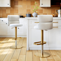 Bar Stool Velvet Upholstery Swivel Beige with Backrest Adjustable Height in Gold Finish Counter Stool Set of 6 - thumbnail 3
