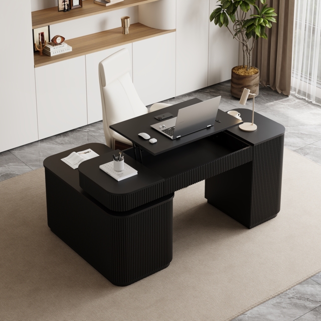 "Modern 65"" L-Shape Black Executive Desk with Lift-Top, Drawers & Cabinet, Right Hand" - image 1