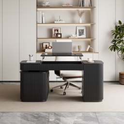"Modern 65"" L-Shape Black Executive Desk with Lift-Top, Drawers & Cabinet, Right Hand" - thumbnail 2