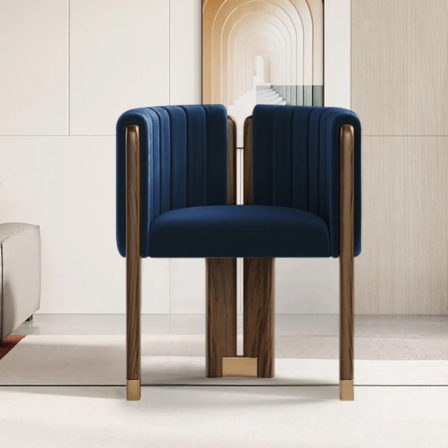 Modern Wood Accent Chair Blue Velvet Upholstered Arm Chair - image 1