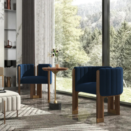Modern Wood Accent Chair Blue Velvet Upholstered Arm Chair - thumbnail 2