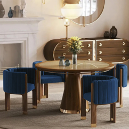 Modern Wood Accent Chair Blue Velvet Upholstered Arm Chair - thumbnail 5
