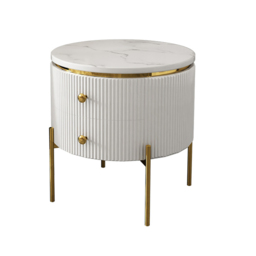 Yelly Modern Round End Table With Storage Drawers White Faux Marble Side Table Gold Legs - thumbnail 6