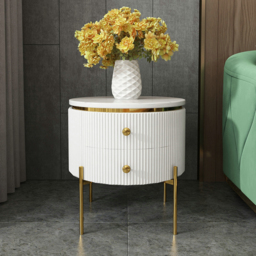 Yelly Modern Round End Table With Storage Drawers White Faux Marble Side Table Gold Legs - thumbnail 3