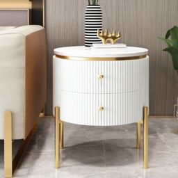 Yelly Modern Round End Table With Storage Drawers White Faux Marble Side Table Gold Legs - thumbnail 4