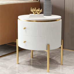 Yelly Modern Round End Table With Storage Drawers White Faux Marble Side Table Gold Legs - thumbnail 1