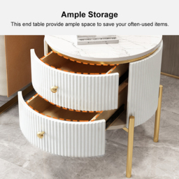 Yelly Modern Round End Table With Storage Drawers White Faux Marble Side Table Gold Legs - thumbnail 9