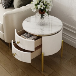 Yelly Modern Round End Table With Storage Drawers White Faux Marble Side Table Gold Legs - thumbnail 2
