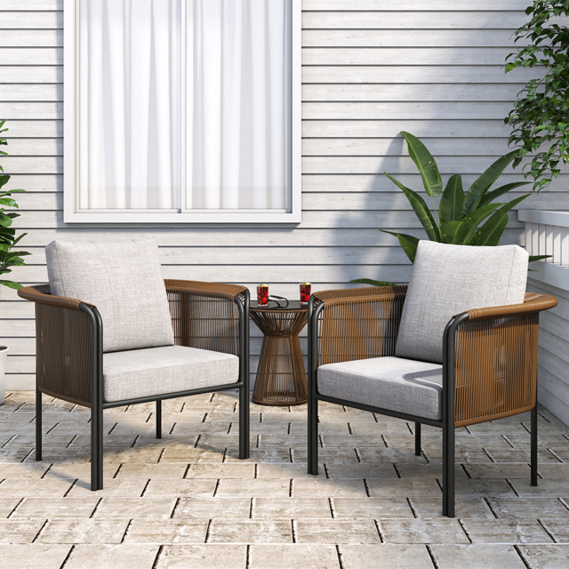 3Pcs Modern Coffee Rattan Outdoor Sofa Set with Glass Top Coffee Table and Gray Cushion - image 1