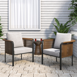 3Pcs Modern Coffee Rattan Outdoor Sofa Set with Glass Top Coffee Table and Gray Cushion - thumbnail 1