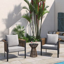 3Pcs Modern Coffee Rattan Outdoor Sofa Set with Glass Top Coffee Table and Gray Cushion - thumbnail 3