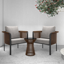 3Pcs Modern Coffee Rattan Outdoor Sofa Set with Glass Top Coffee Table and Gray Cushion - thumbnail 6