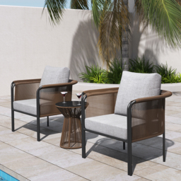 3Pcs Modern Coffee Rattan Outdoor Sofa Set with Glass Top Coffee Table and Gray Cushion - thumbnail 4